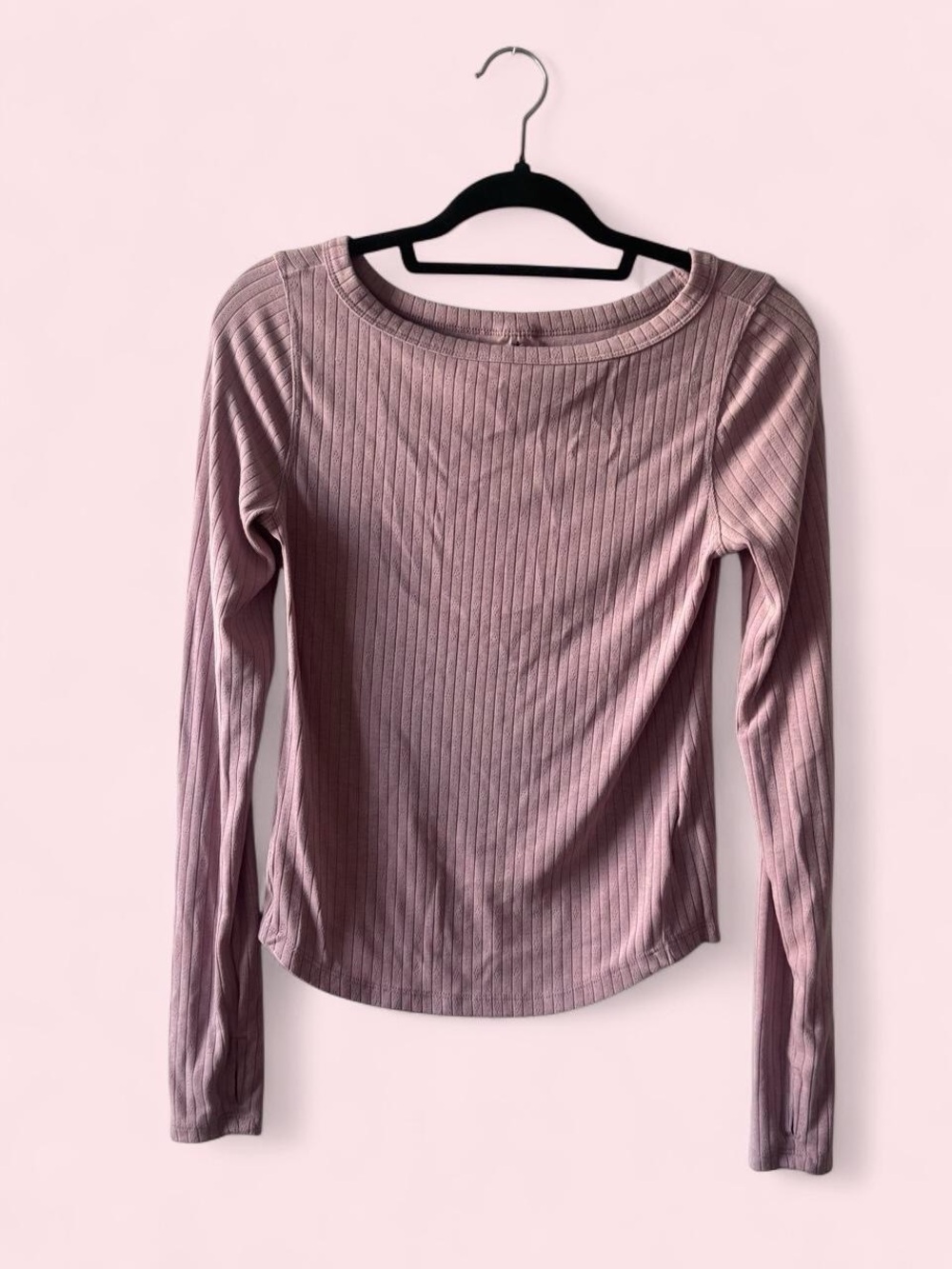 Stretch Ribbed Long-Sleeve Top in Mauve Pink